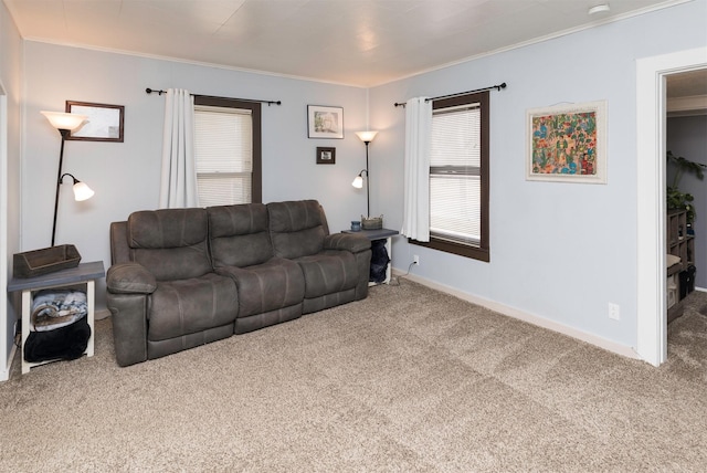 carpeted living room with crown molding