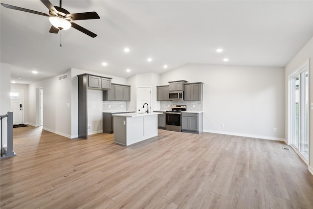 3423 5th Ave SE, Altoona, IA 50009 - kitchen with stainless steel appliances, open floor plan, gray cabinets, a kitchen island with sink, and backsplash