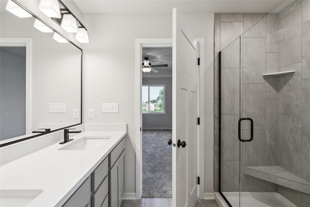 3423 5th Ave SE, Altoona, IA 50009 - full bath with double vanity, a stall shower, and a ceiling fan