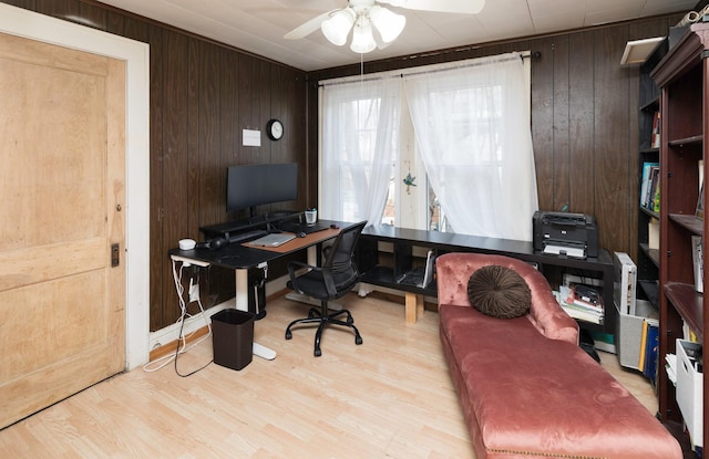 office area featuring ceiling fan, light hardwood / wood-style floors, and wood walls