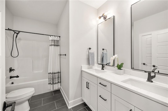 full bathroom featuring tile patterned flooring, vanity, shower / bath combination with curtain, and toilet