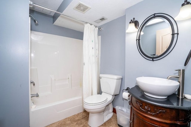 full bathroom featuring shower / tub combo with curtain, vanity, toilet, and tile patterned floors