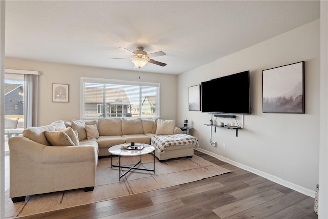 living room featuring hardwood / wood-style flooring and ceiling fan