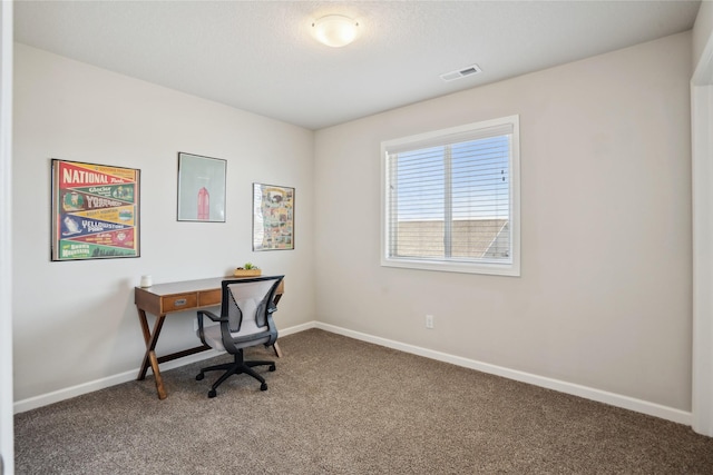 home office with carpet and a textured ceiling