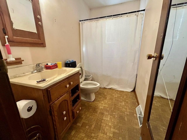 bathroom featuring vanity, toilet, and a shower with shower curtain