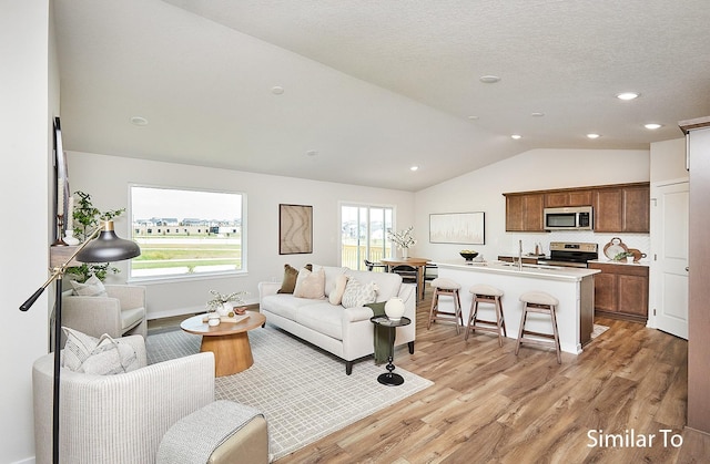 living room with lofted ceiling, light hardwood / wood-style flooring, and a textured ceiling