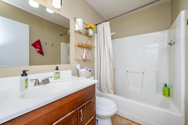 full bathroom with shower / bathtub combination with curtain, vanity, toilet, and tile patterned flooring