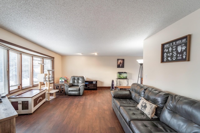 living room with a textured ceiling and dark hardwood / wood-style flooring