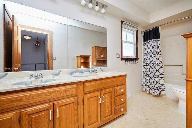 full bathroom featuring vanity, toilet, and shower / bath combo with shower curtain