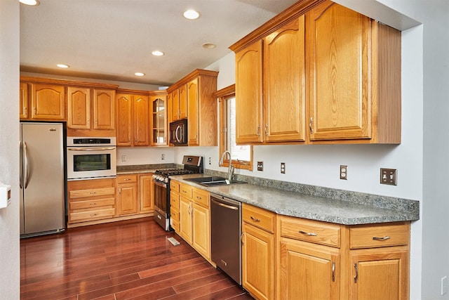 kitchen featuring stainless steel appliances, sink, and dark wood-type flooring