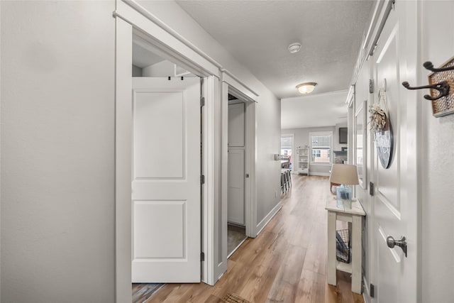 corridor featuring a textured ceiling and light hardwood / wood-style floors