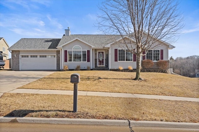 ranch-style house with a garage and a front yard