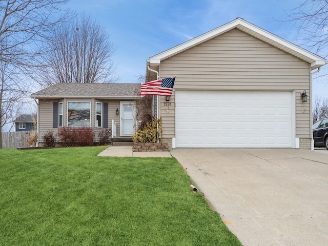 ranch-style home with a garage and a front yard