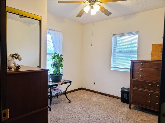 office area with ceiling fan and light carpet