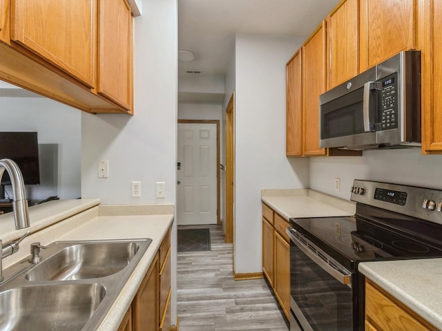 kitchen with appliances with stainless steel finishes, light hardwood / wood-style floors, and sink