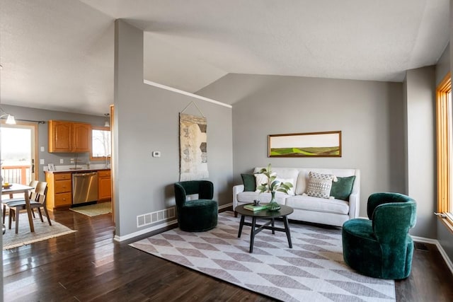 living room with hardwood / wood-style flooring and lofted ceiling