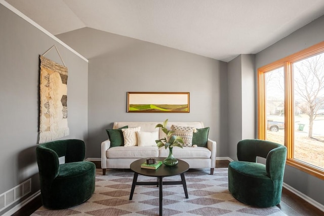 sitting room featuring vaulted ceiling