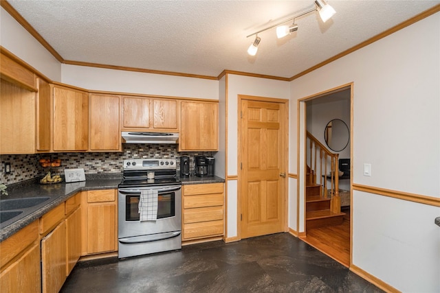 kitchen featuring backsplash, crown molding, stainless steel range with electric cooktop, and a textured ceiling