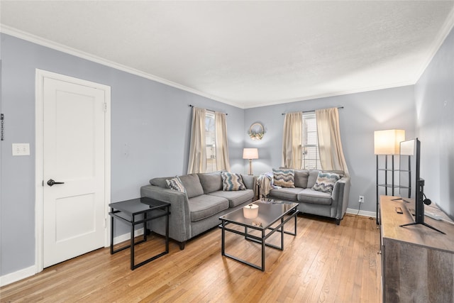 living room with crown molding and light hardwood / wood-style floors