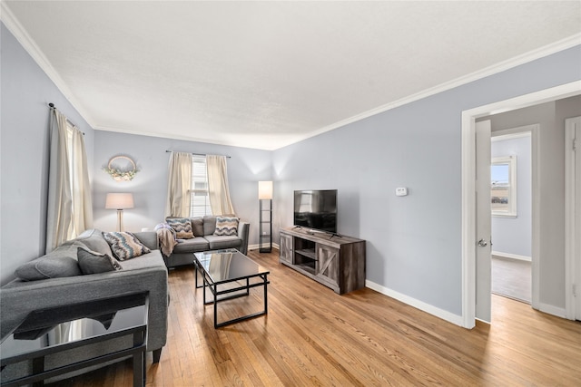 living room with ornamental molding and light hardwood / wood-style floors