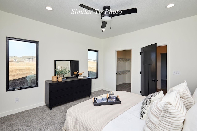 bedroom featuring a walk in closet, baseboards, a textured ceiling, and carpet flooring