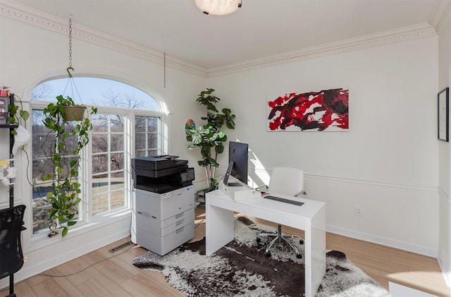 office area with crown molding and light hardwood / wood-style floors