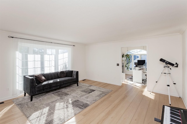 living room featuring ornamental molding, a healthy amount of sunlight, and light wood-type flooring