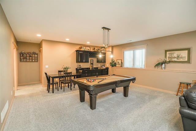 playroom with light colored carpet and pool table