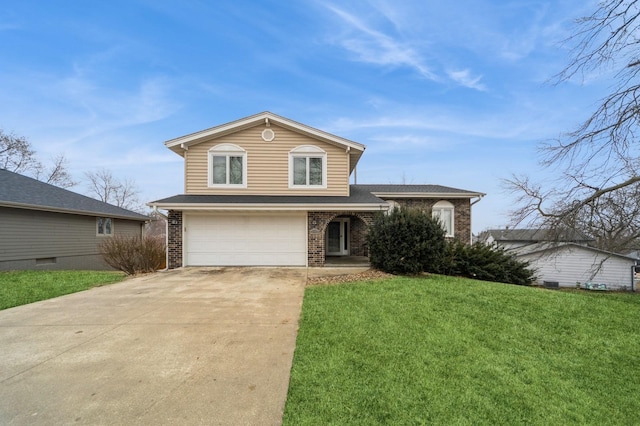 split level home featuring a garage and a front lawn