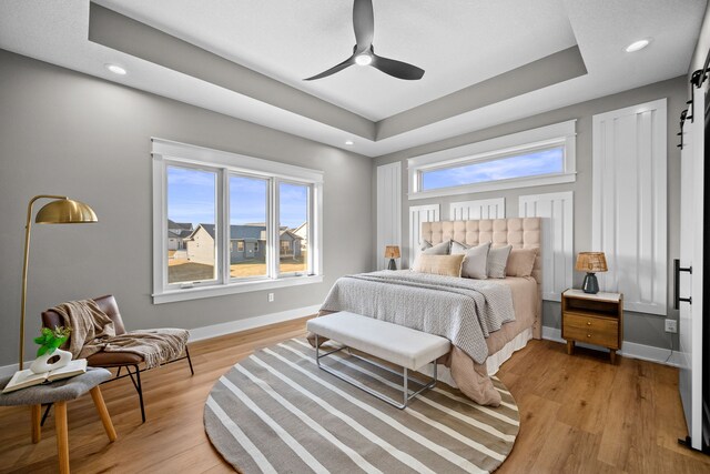 bedroom featuring light wood-style flooring, baseboards, a raised ceiling, and a barn door