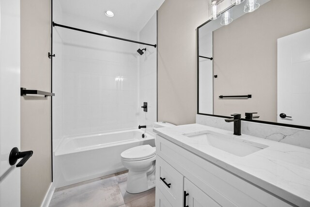 full bath featuring recessed lighting, vanity, toilet, and shower / bathtub combination