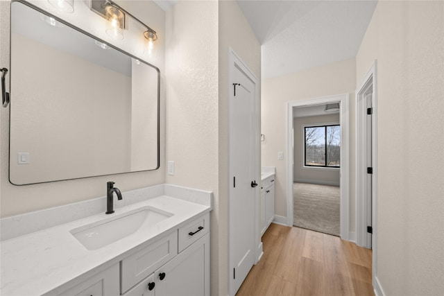 bathroom with hardwood / wood-style flooring and vanity