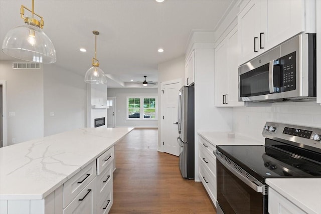 625 NW Georgetown Dr, Waukee, IA 50263 - kitchen with stainless steel appliances, ceiling fan, wood finished floors, white cabinetry, and recessed lighting