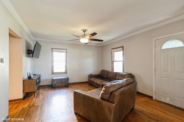 living room with hardwood / wood-style flooring, ornamental molding, and a healthy amount of sunlight