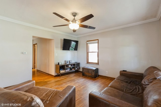 living room with ceiling fan, ornamental molding, and light hardwood / wood-style flooring