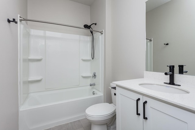 full bathroom with vanity, bathtub / shower combination, and toilet