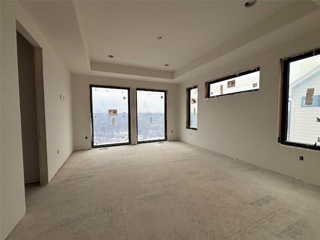 unfurnished room featuring a tray ceiling and a wealth of natural light