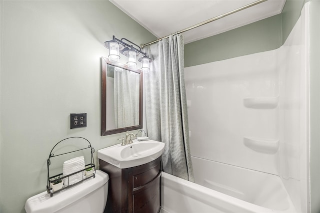 full bathroom with vanity, toilet, and shower / bath combo with shower curtain