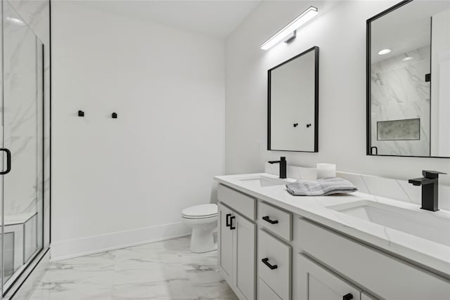 full bath featuring a marble finish shower, marble finish floor, and a sink
