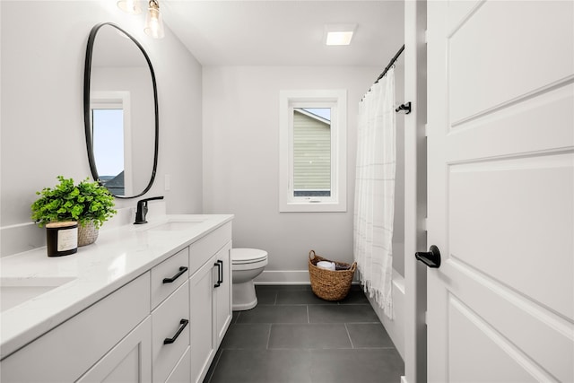 bathroom featuring tile patterned flooring, vanity, and toilet