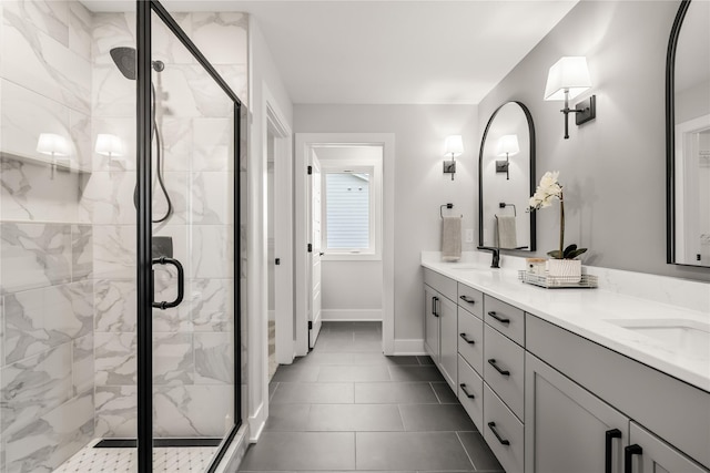 bathroom featuring walk in shower and vanity