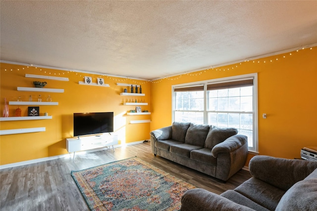 living room with wood-type flooring and a textured ceiling