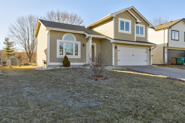 view of front of property featuring a garage and a front lawn