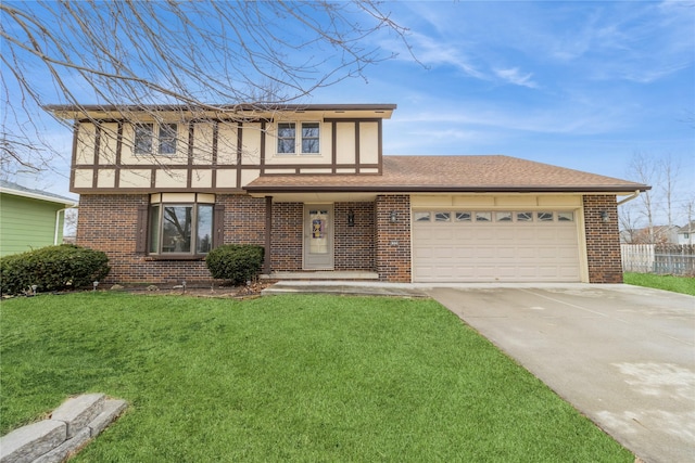 tudor-style house with a garage and a front lawn