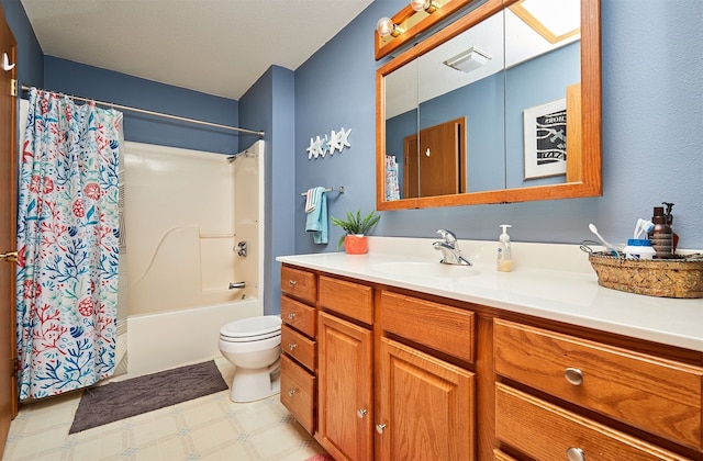 full bathroom with vanity, shower / bathtub combination with curtain, and toilet