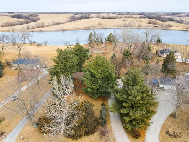 bird's eye view with a rural view and a water view