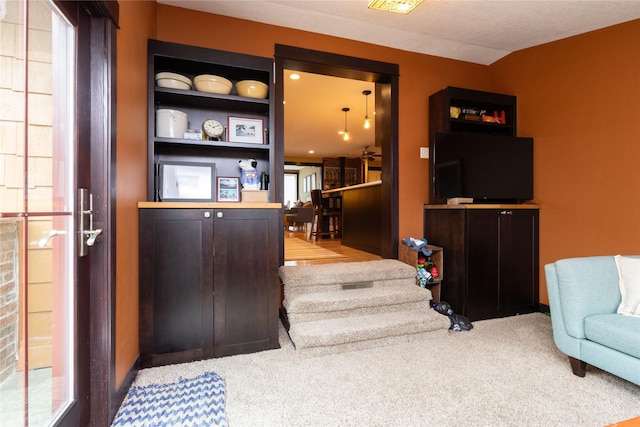 carpeted office with built in shelves