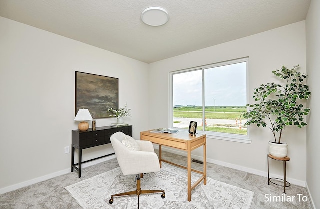 home office featuring light colored carpet and a textured ceiling