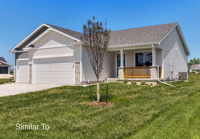 view of front of property featuring a porch, central AC, a garage, and a front yard