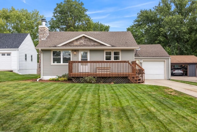 view of front of house with a garage, a carport, a deck, and a front lawn